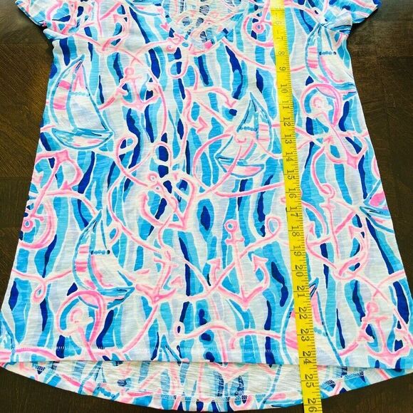 Lilly Pulitzer Etta V Neck Top Short Sleeve Blue Reel Nautical Pink Sailing XXS - Picture 7 of 8